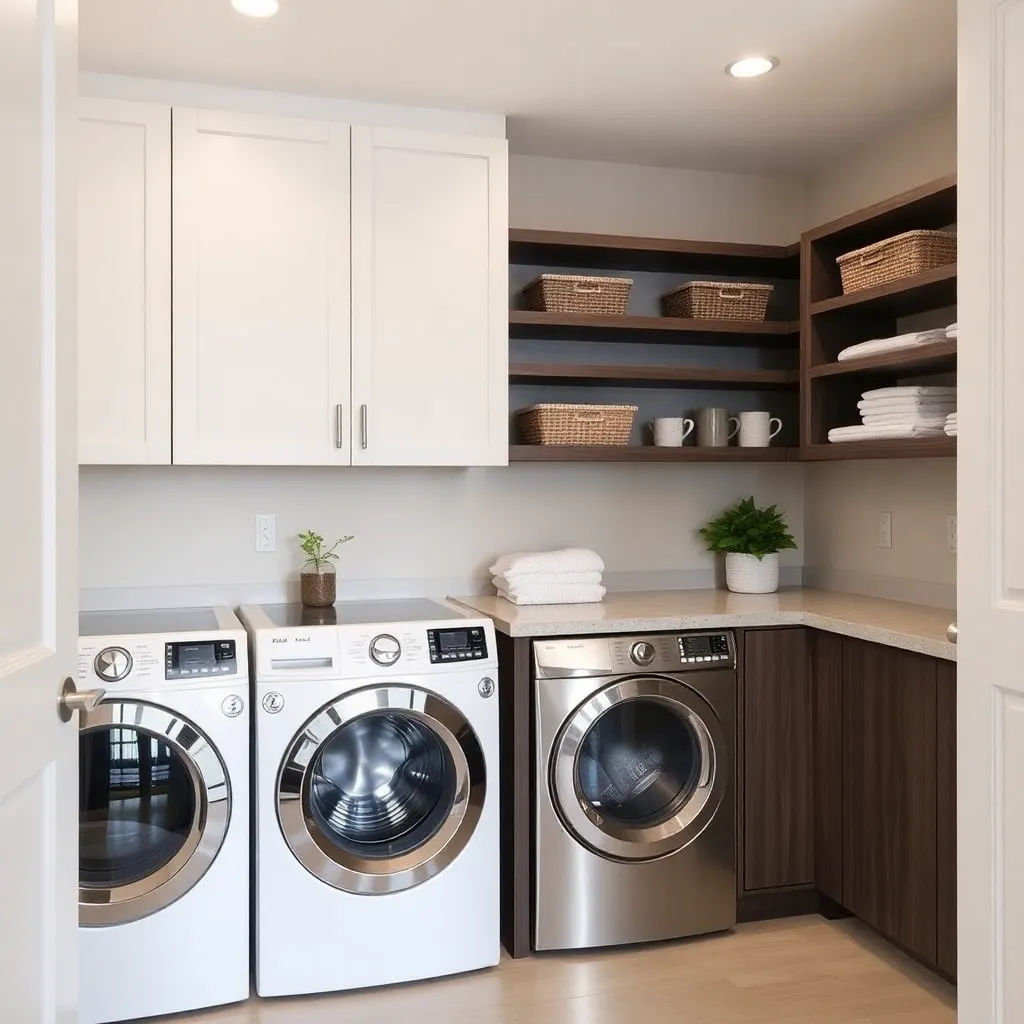 A beautifully designed laundry room with modern appliances and storage solutions