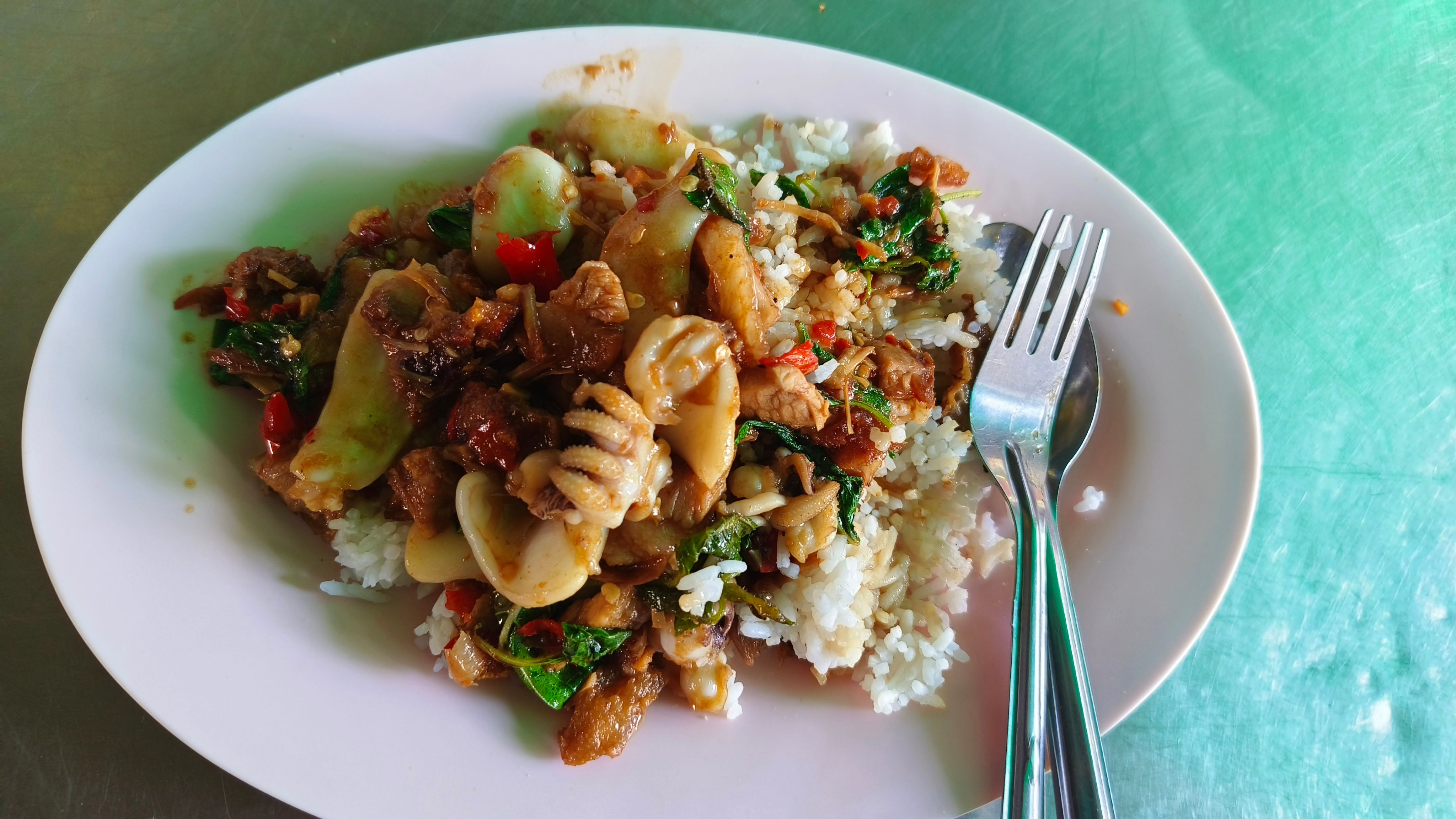 เมนูข้าวกะเพราหมูกรอบปลาหมึก ร้านเจ๊รำพึง