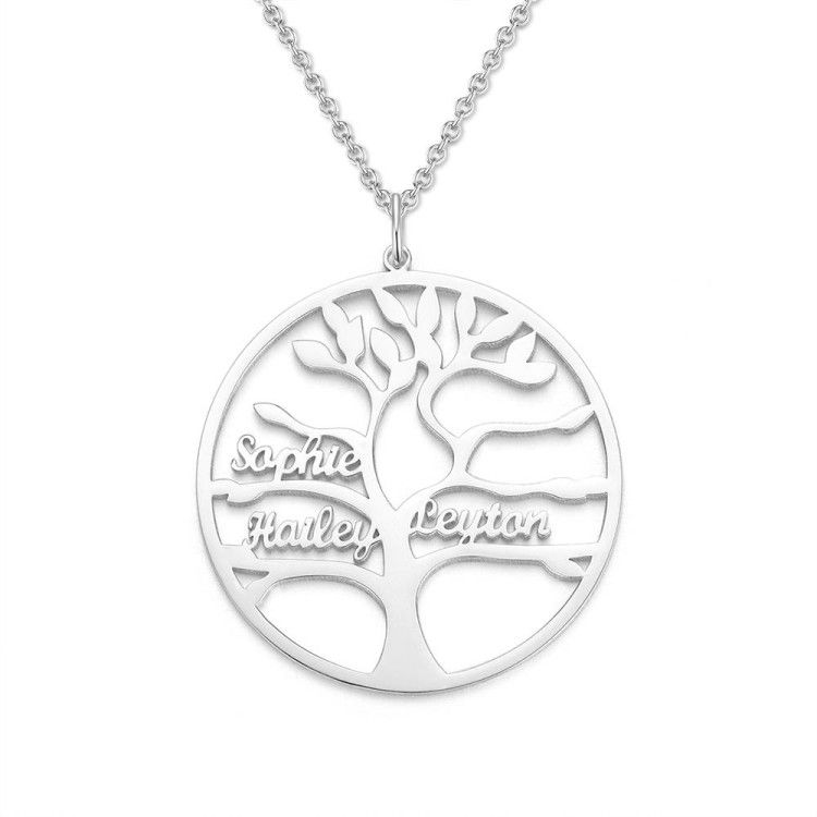 قلادة باسم شجرة العائلة الفريدة من نوعها مع 4 أسماء مطلية بالفضة البلاتينية  هدية للطفل