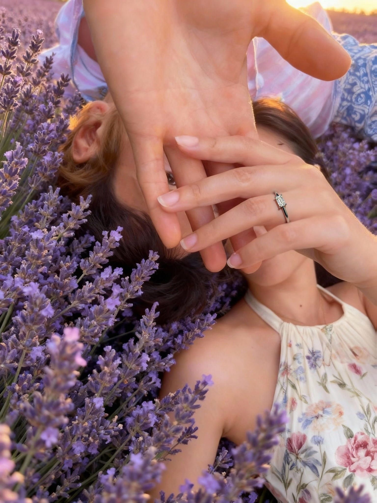 Photorealistic AI generated image of a woman wearing an emerald cut diamond ring, lying in a lavender field, highlighting the brilliance of the diamond, AI jewelry photography style.