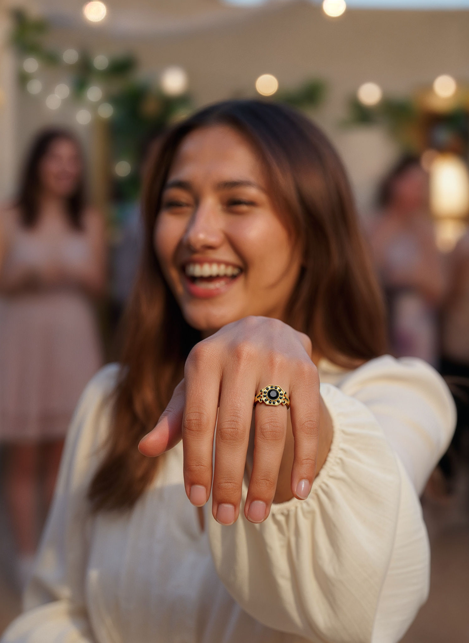 Photorealistic AI generated image of a woman wearing a vintage-style gold ring with a black gemstone, highlighting the intricate design, AI jewelry photography style.