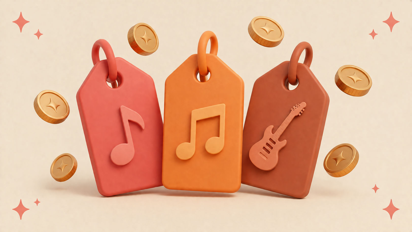 Hiểu rõ mức giá thị trường giúp bạn định vị đúng và tránh bị undercharge. 3D illustrated price tag icons with music note symbols floating around them in coral and orange on a cream background