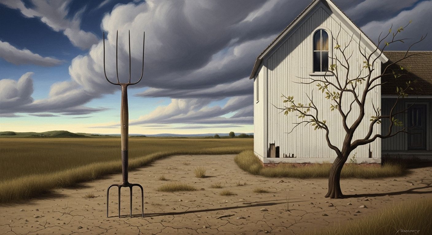 Man and Woman Pitchfork Painting Embodies Rural Grit