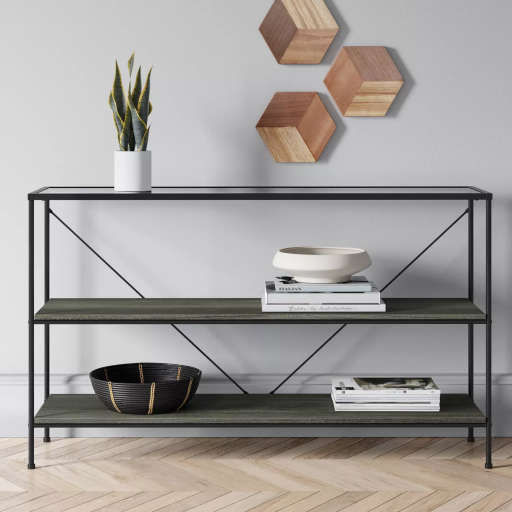 Fulham 2 Shelf Glass Top Horizontal Bookcase with Wood Shelves Black — view 1