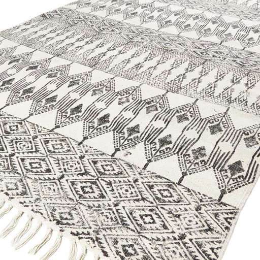 Black Off-White Cotton Block Print Area Accent Dhurrie Rug Bohemian5_8 — view 1