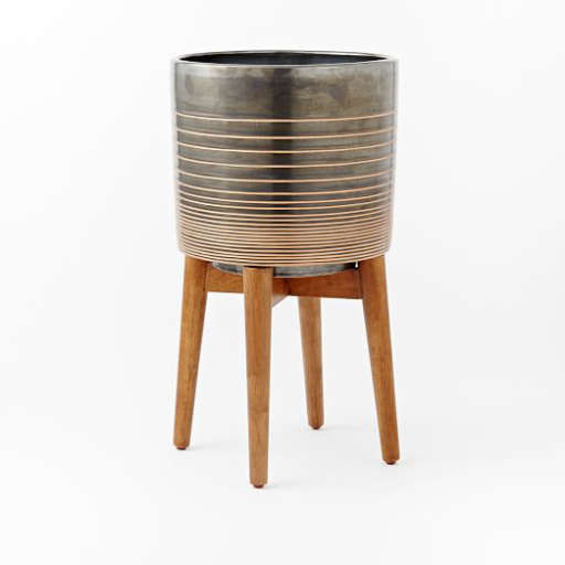 Mid-Century Turned Wood Leg Planters - Patterned — view 1