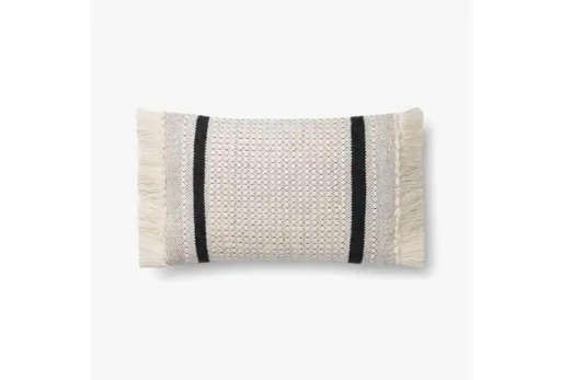 Accent Pillow-Magnolia Home Wool Banded Fringe Ivory/Black With Down Fill 16X20 By Joanna Gaines — view 1