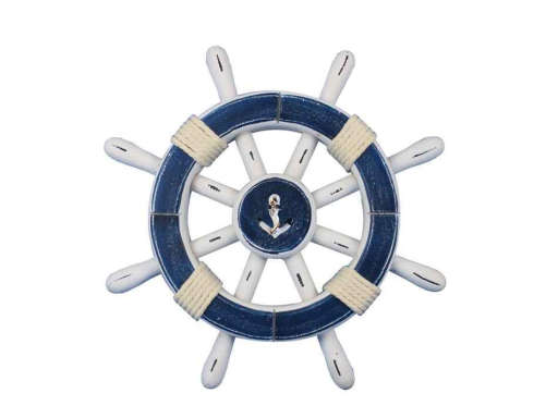 Rustic Dark Blue And White Decorative Ship Wheel With Anchor 12" — view 1