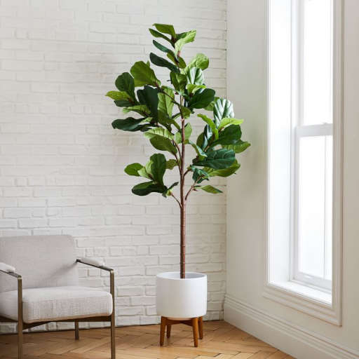 Faux Fiddle Leaf Fig Botanical + Turned Wood White Planter — view 1