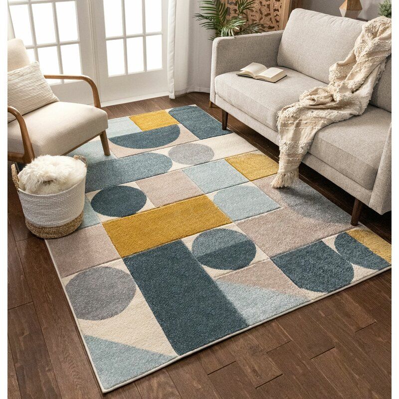 Ruby Dede Mid Century Modern Geometric Teal BlueGrayGold Area Rug-7'10"x9'10" thumbnail 2