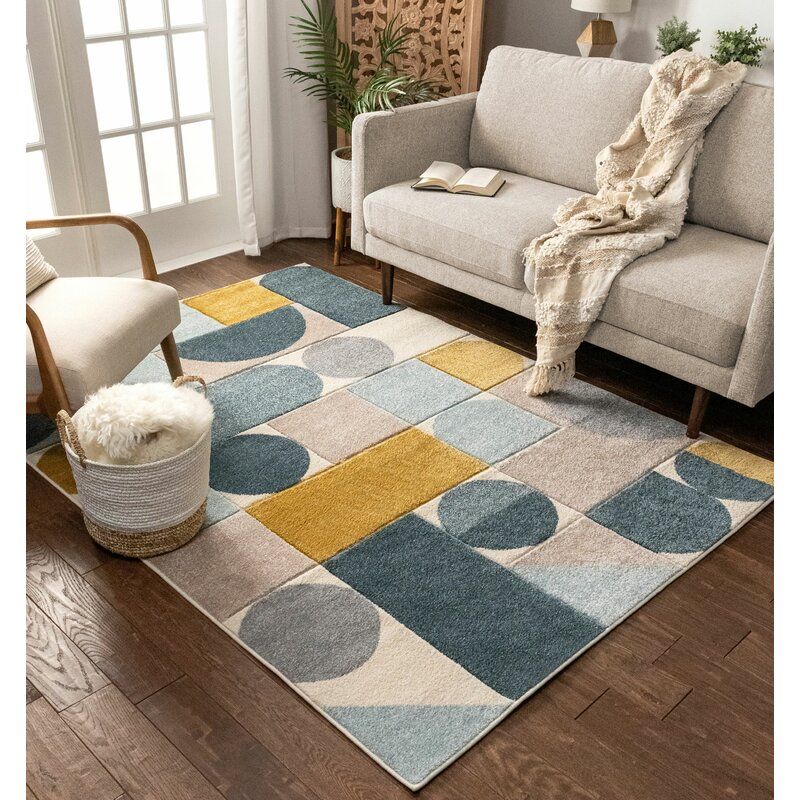 Ruby Dede Mid Century Modern Geometric Teal BlueGrayGold Area Rug-7'10"x9'10" thumbnail 3