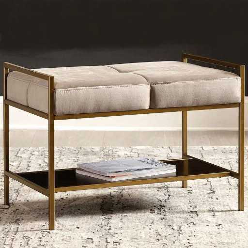 Modern Design Grey Velvet Upholstered Accent Bench with Shelf — view 1