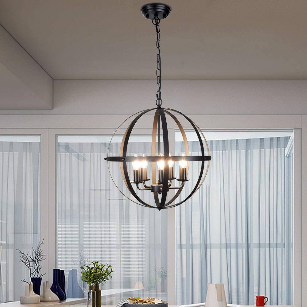 DLLT Pendant Light Metal, 5-Light Globe Pendant Lighting, Adjustable Hanging Ceiling Chandelier Light Flush Mount for Kitchen, Dining Room, Living Room, Hallway, Bedroom, Entryway, E12-Matte Black — view 1
