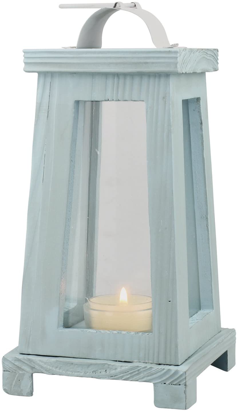 Stonebriar Coastal Wooden Tea Light Candle Lantern, 10.6 Inch, Worn Blue — view 1