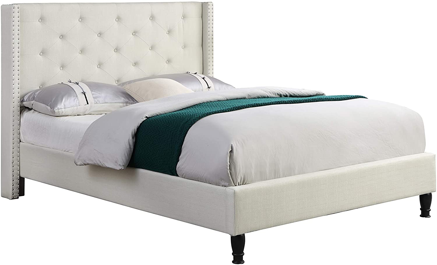 Home Life Premiere Classics Cloth Light Beige Cream Linen 51" Tall Headboard Platform Bed with Slats-King — view 1