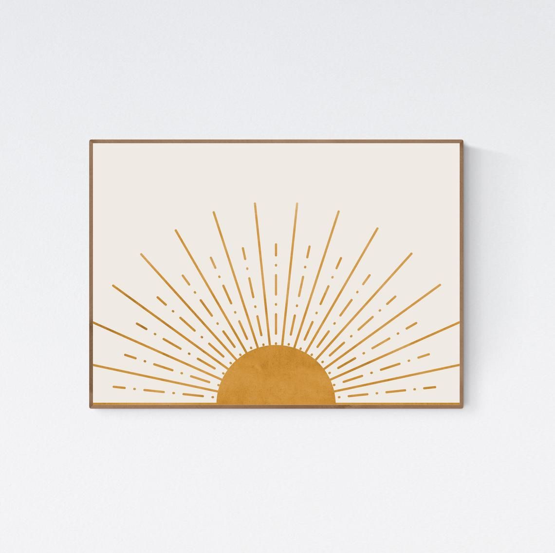 Mid Century Modern Printable Art, Boho Decor Abstract Sun Art Print, Sunburst Neutral Colors Wall Art, Horizon Yellow Sun Minimalist Poster — view 1