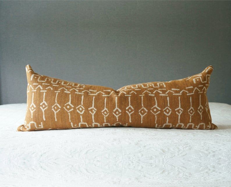 Mustard Brown Mudcloth Long Lumbar Throw Pillow Cover No Insert-36"x14" — view 1