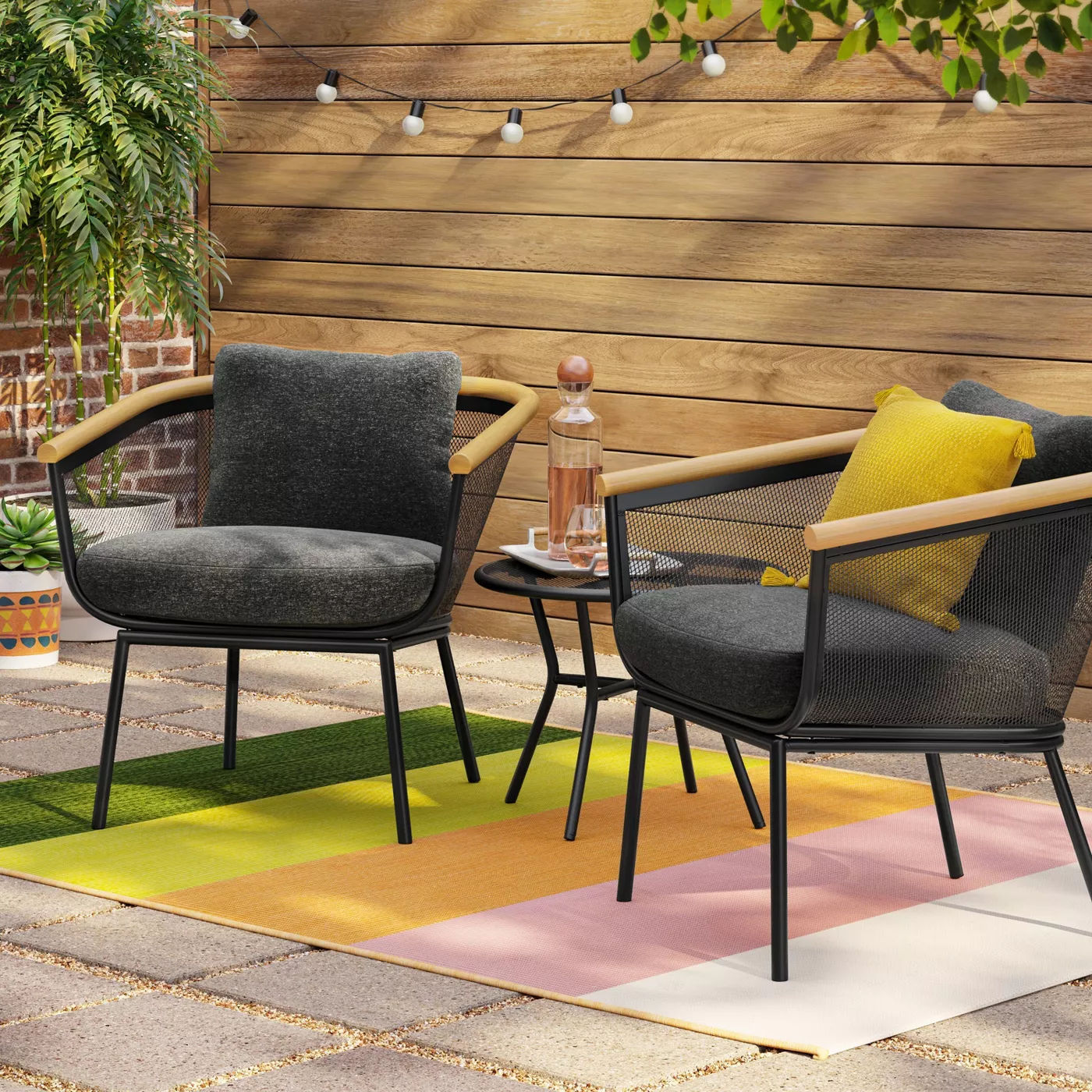 Bangor 3pc Metal Mesh  Faux Wood Patio Chat Set thumbnail 8