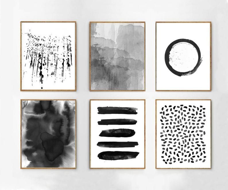 Black White art Prints Set of 6 Abstract Watercolor Paintings Circle Dots Stripes Splatter Minimalist art Modern Boho Home Decor Minimal 5 — view 1