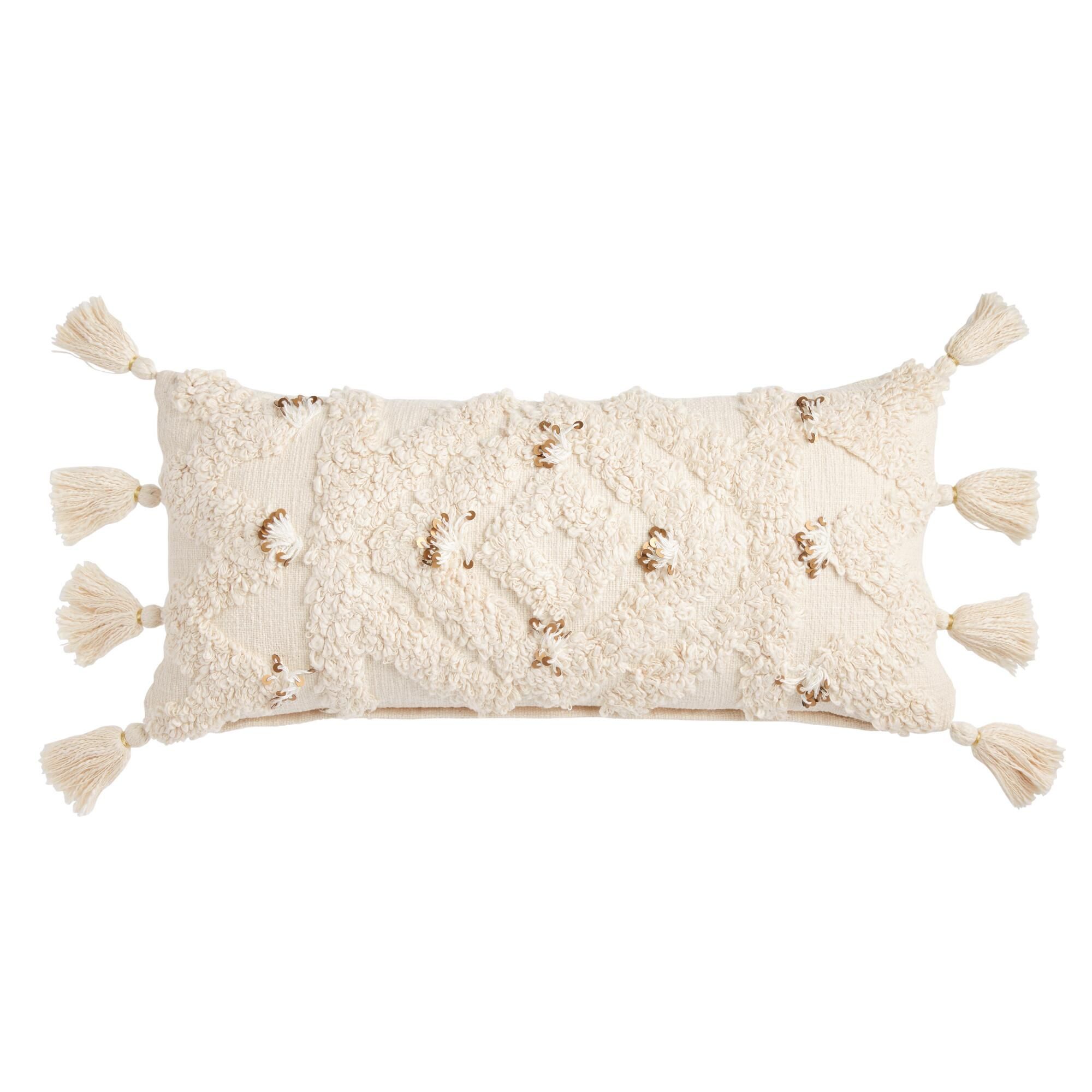 Ivory Moroccan Blanket Lumbar Pillow With Insert-26"x12" thumbnail 2