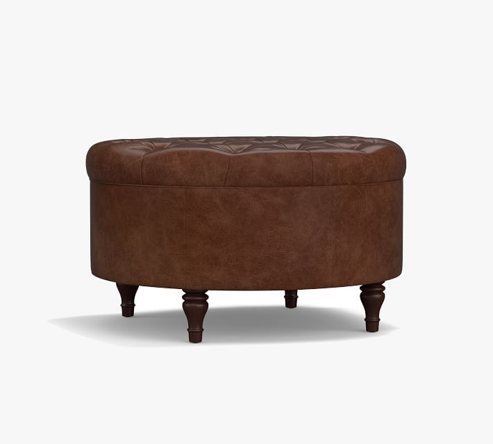 Lorraine Tufted Leather Round Storage Ottoman thumbnail 2