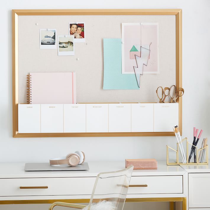 Pinboard With Dry Erase Calendar Cubby GoldLinen thumbnail 3