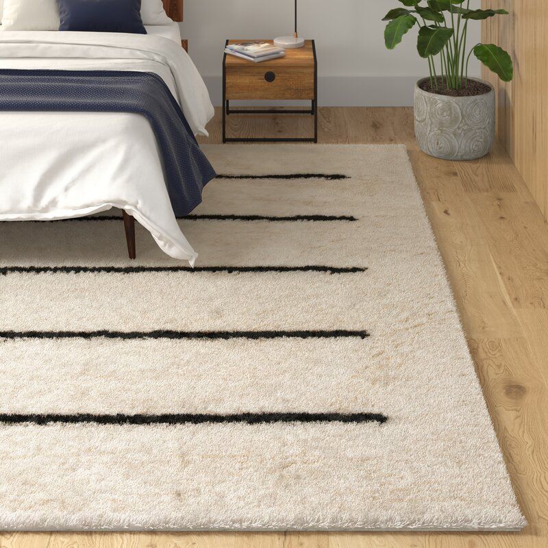 Kourtnee Striped HandKnotted Wool Ivory Black Area Rug-9'x12' thumbnail 2