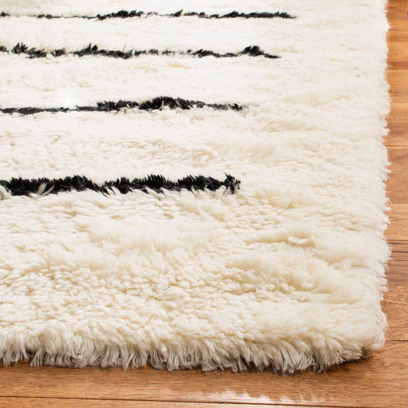 Kourtnee Striped HandKnotted Wool Ivory Black Area Rug-9'x12' thumbnail 3