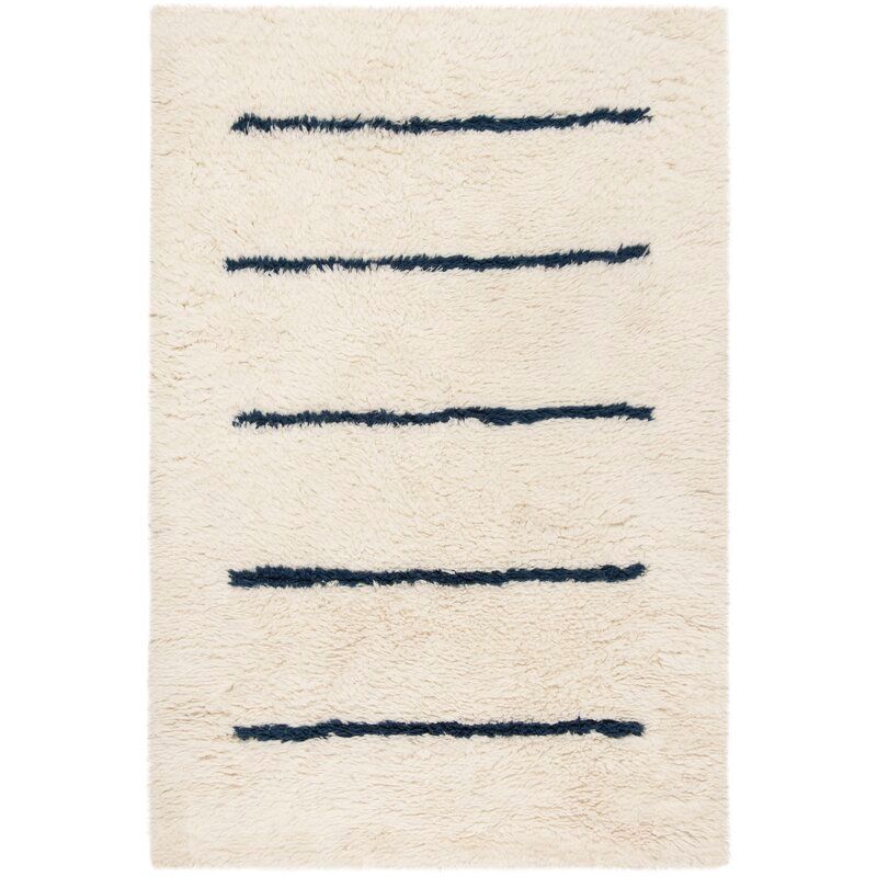 Kourtnee Striped HandKnotted Wool Ivory Black Area Rug-9'x12' thumbnail 5