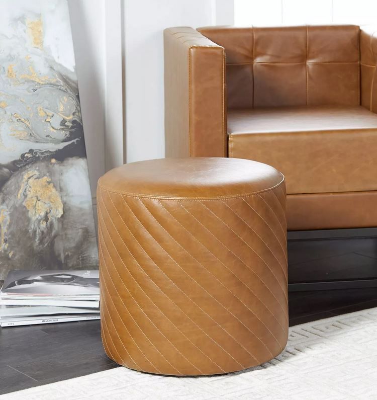 Diamond Stitched Round Ottoman Brown thumbnail 2