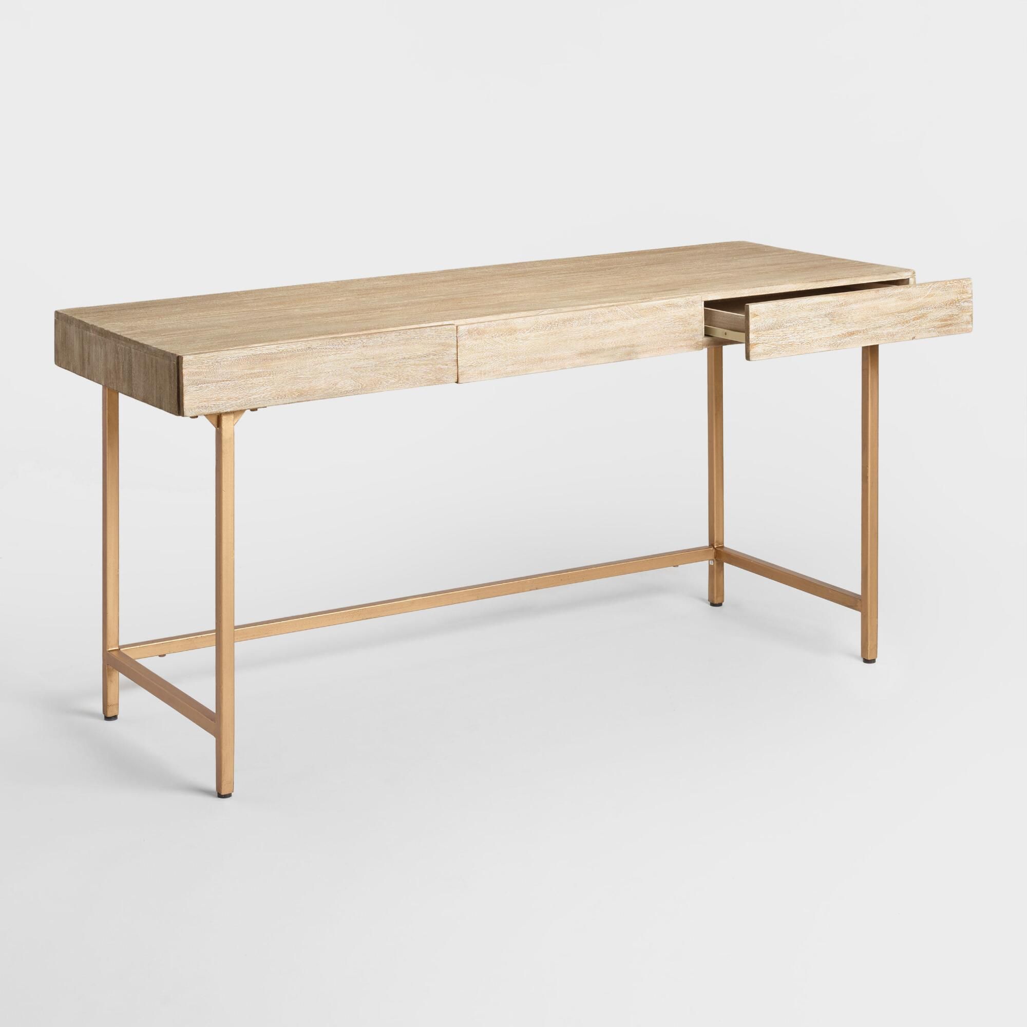 Driftwood And Gold Metal Cristela Desk With Drawers thumbnail 3