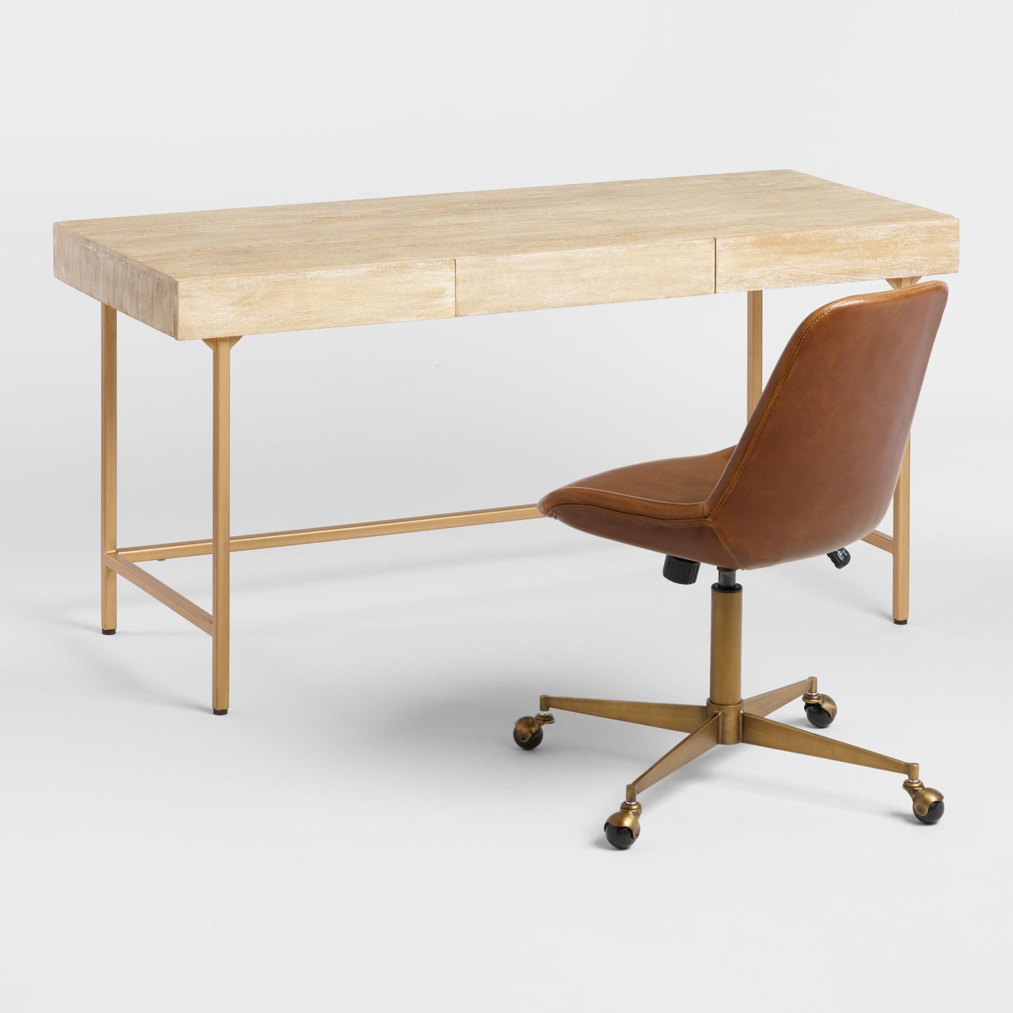 Driftwood And Gold Metal Cristela Desk With Drawers thumbnail 5