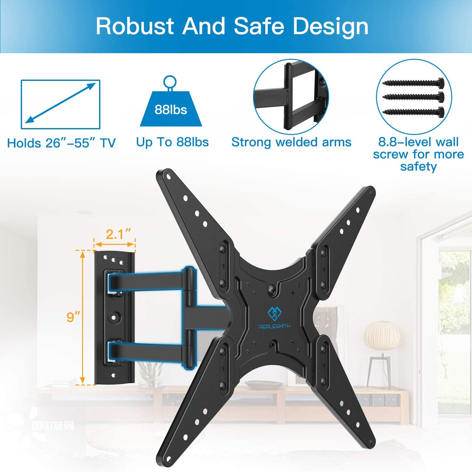 PERLESMITH TV Wall Mount for Most 26-55 Inch Flat Curved TVs with Swivels, Tilts & Extends thumbnail 2