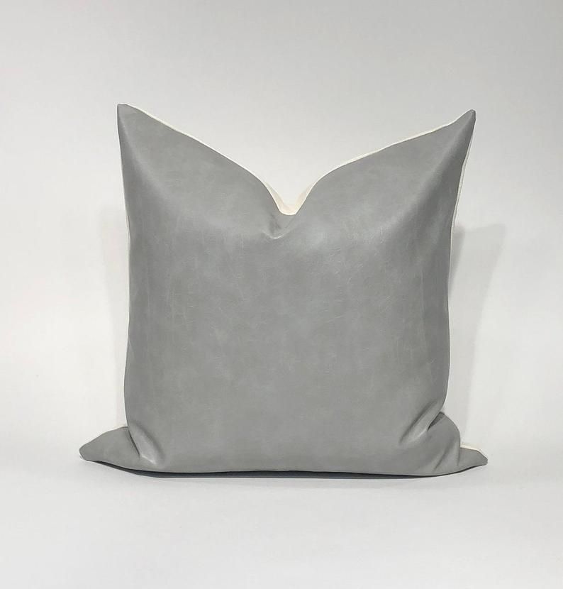 Light Grey Faux Leather Modern Pillow No Insert-18"x18" thumbnail 2
