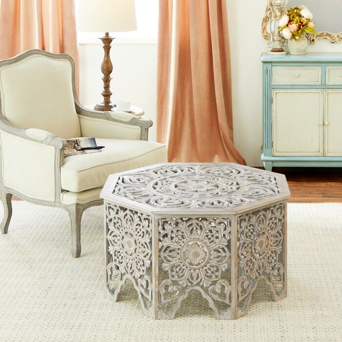 Coraline Gray-Washed Decorative Carved Wood Coffee Table thumbnail 2