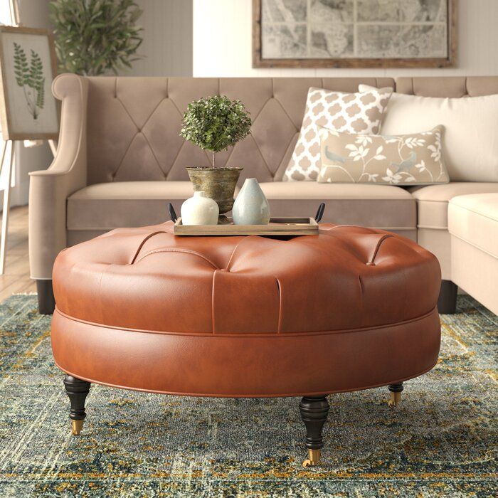 Genuine Leather Tufted Round Cocktail Ottoman thumbnail 3