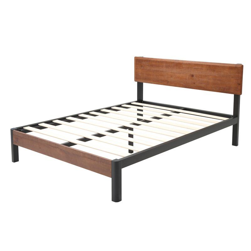 Queen Black and Brown Quentin Wood Slat and Metal Platform Bed thumbnail 2