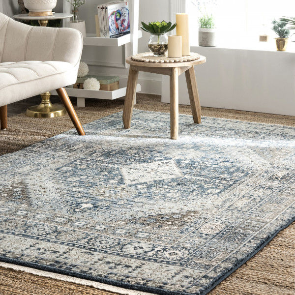 Light Blue Shaded Medallion Fringe Area Rug-8'x10' thumbnail 2