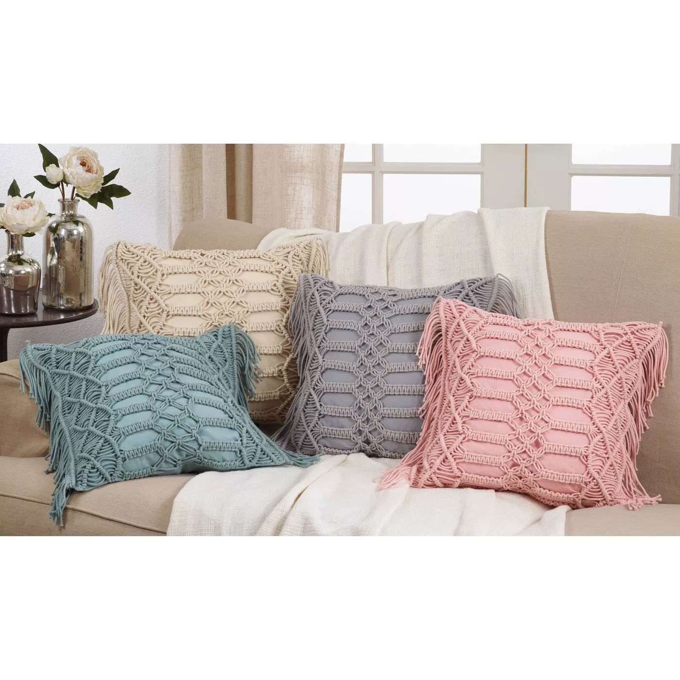 Macramé Pillow Down Filled Mint No Insert-18"x18" thumbnail 2