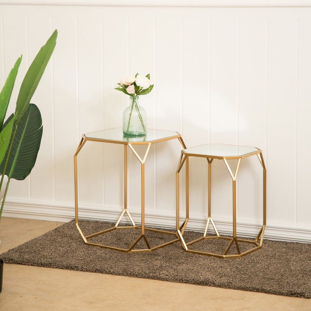 Glitzhome Metal WGlass Gold Accent Table Set thumbnail 3