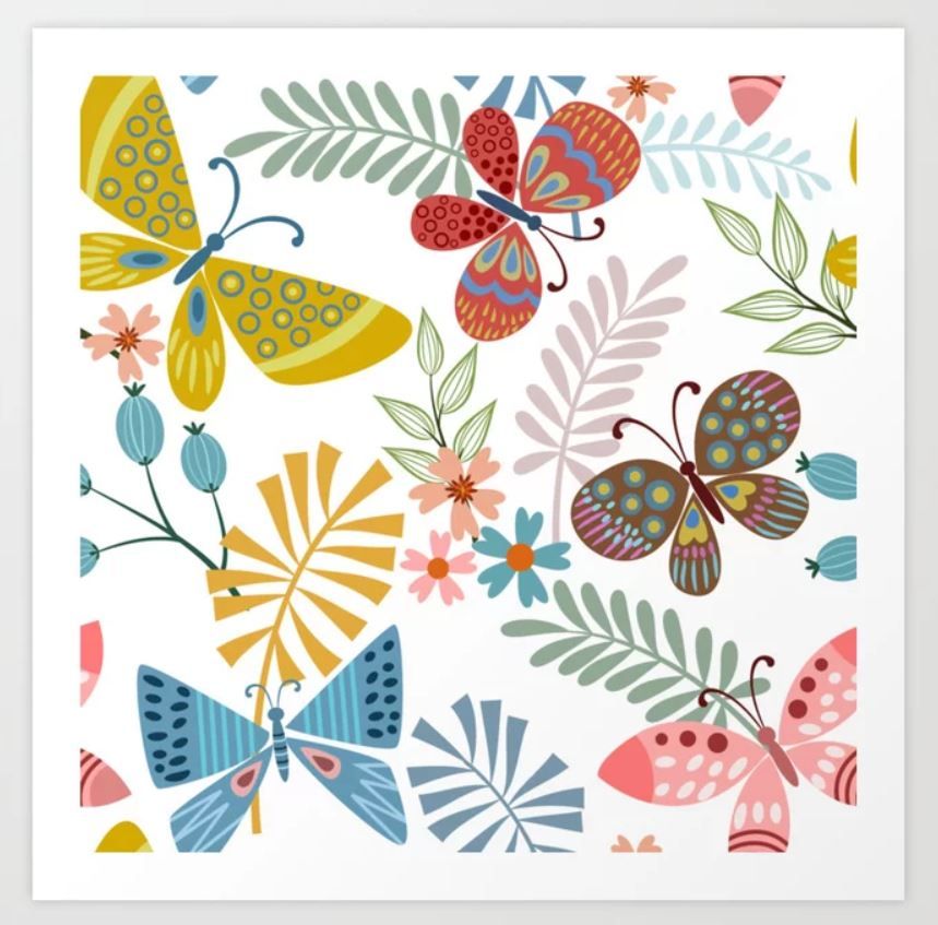 Cute Colorful Butterfly and Floral Garden Art Print Unframed thumbnail 4