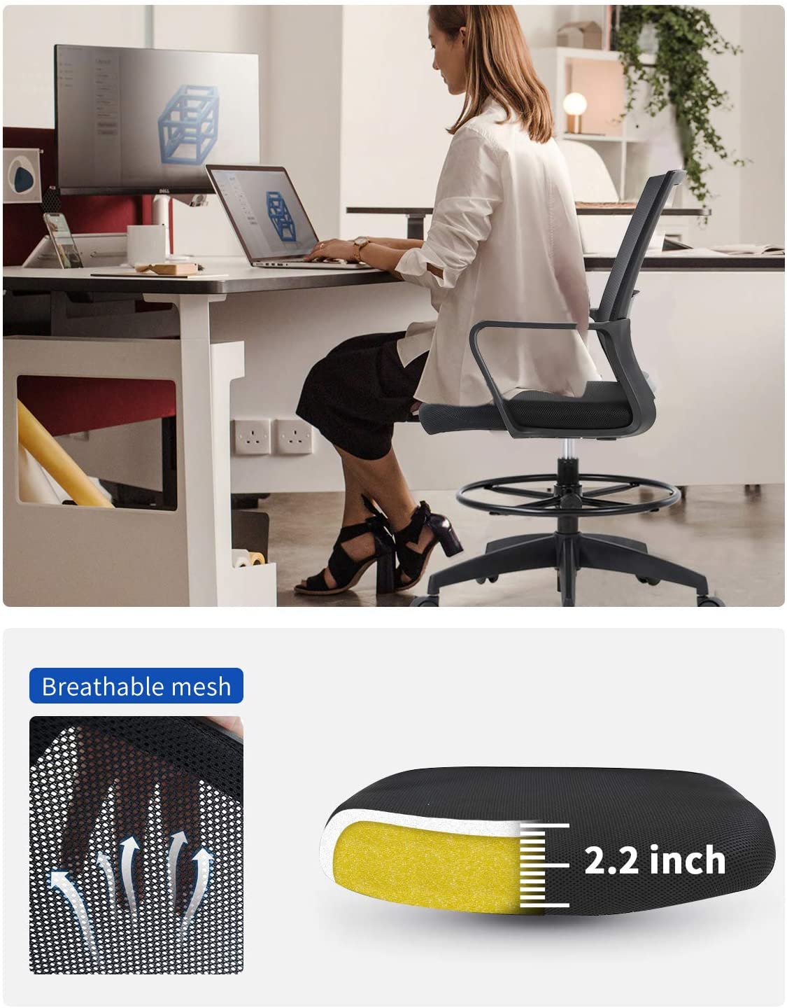 Drafting Chair Tall Office Chair Adjustable Height with Lumbar Support Arms Footrest Mid Back Desk Chair Swivel Rolling Mesh Computer Chair for Adults Standing Desk Drafting Stool Black With Insert-36"x5" thumbnail 2