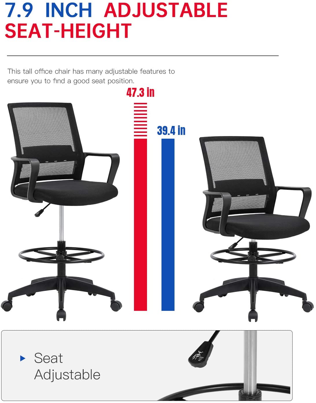 Drafting Chair Tall Office Chair Adjustable Height with Lumbar Support Arms Footrest Mid Back Desk Chair Swivel Rolling Mesh Computer Chair for Adults Standing Desk Drafting Stool Black With Insert-36"x5" thumbnail 3
