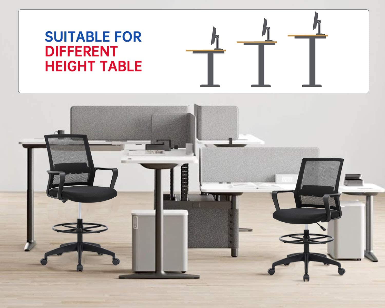 Drafting Chair Tall Office Chair Adjustable Height with Lumbar Support Arms Footrest Mid Back Desk Chair Swivel Rolling Mesh Computer Chair for Adults Standing Desk Drafting Stool Black With Insert-36"x5" thumbnail 4