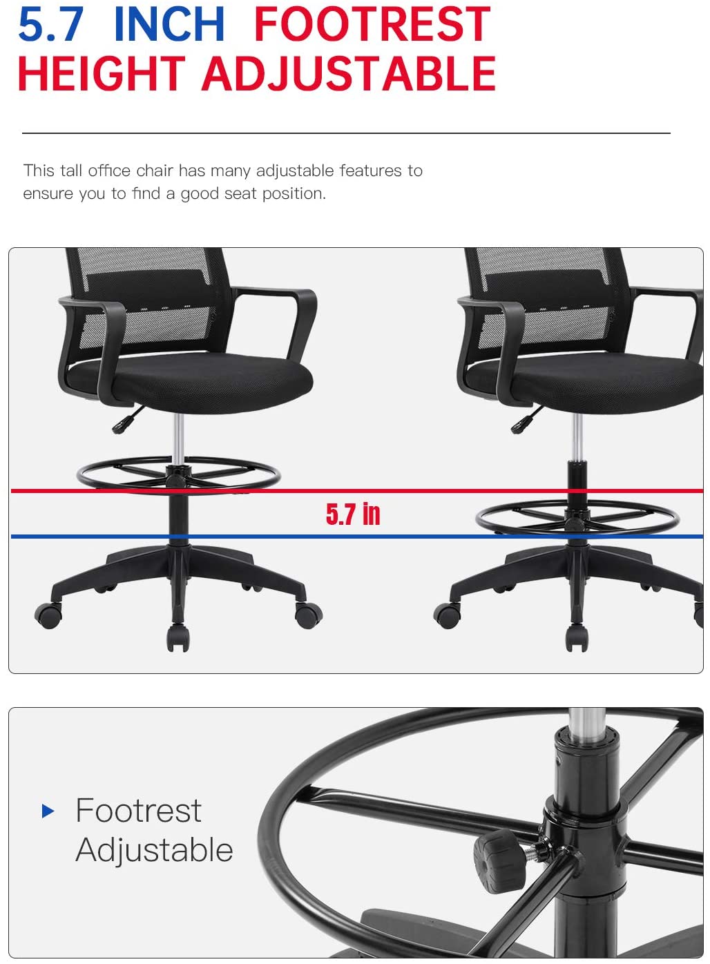 Drafting Chair Tall Office Chair Adjustable Height with Lumbar Support Arms Footrest Mid Back Desk Chair Swivel Rolling Mesh Computer Chair for Adults Standing Desk Drafting Stool Black With Insert-36"x5" thumbnail 5