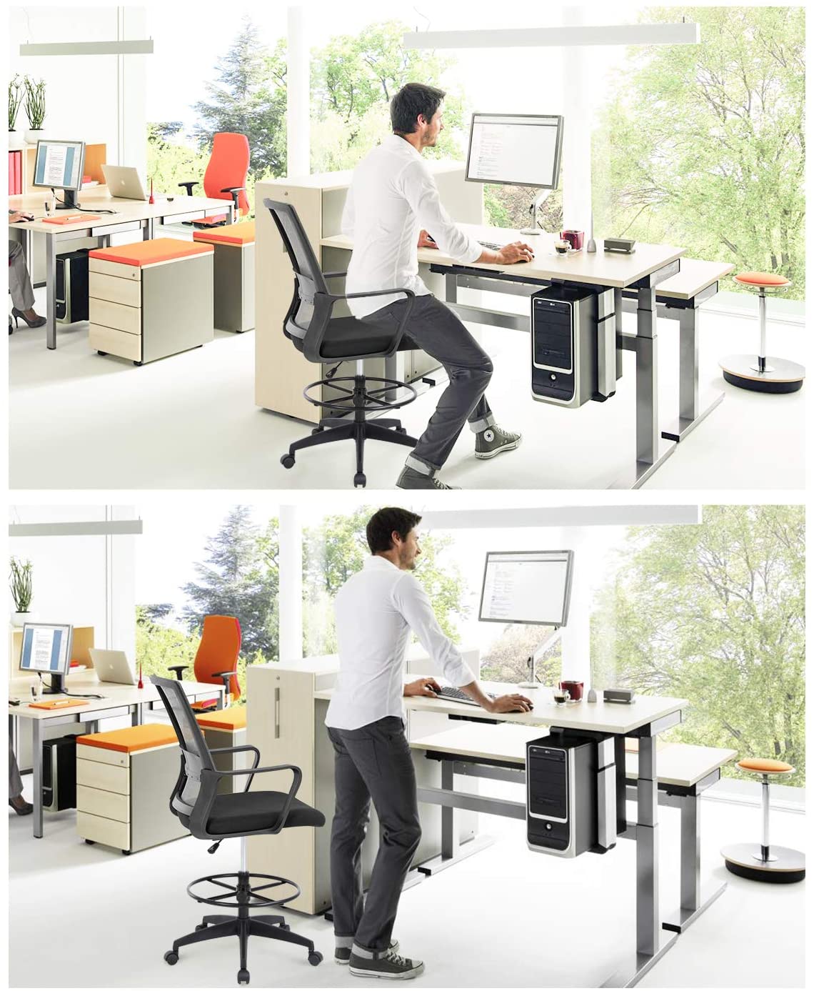 Drafting Chair Tall Office Chair Adjustable Height with Lumbar Support Arms Footrest Mid Back Desk Chair Swivel Rolling Mesh Computer Chair for Adults Standing Desk Drafting Stool Black With Insert-36"x5" thumbnail 6