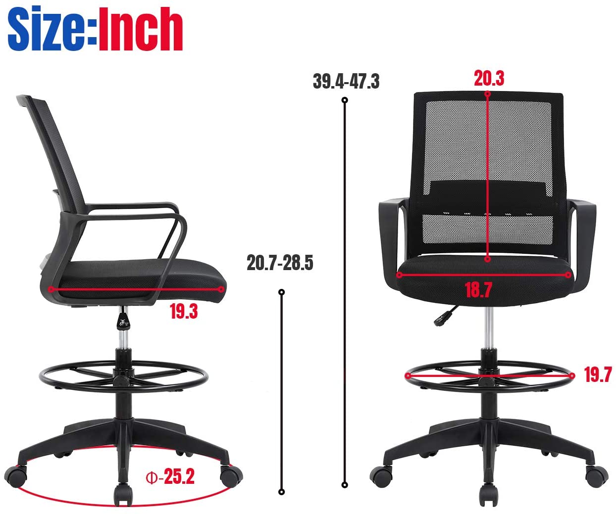 Drafting Chair Tall Office Chair Adjustable Height with Lumbar Support Arms Footrest Mid Back Desk Chair Swivel Rolling Mesh Computer Chair for Adults Standing Desk Drafting Stool Black With Insert-36"x5" thumbnail 7