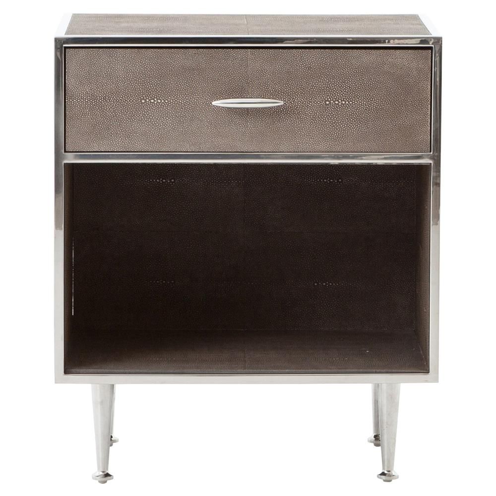 Ena Mid Century Brown Shagreen Wrapped Silver Accent Nightstand thumbnail 2
