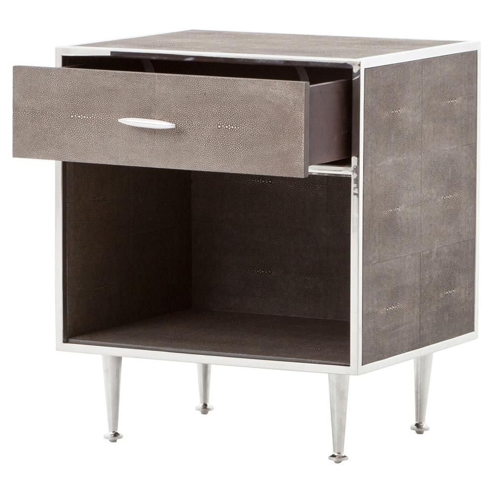 Ena Mid Century Brown Shagreen Wrapped Silver Accent Nightstand thumbnail 4