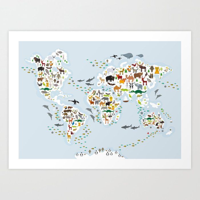 Cartoon animal world map Art Print Unframed thumbnail 2